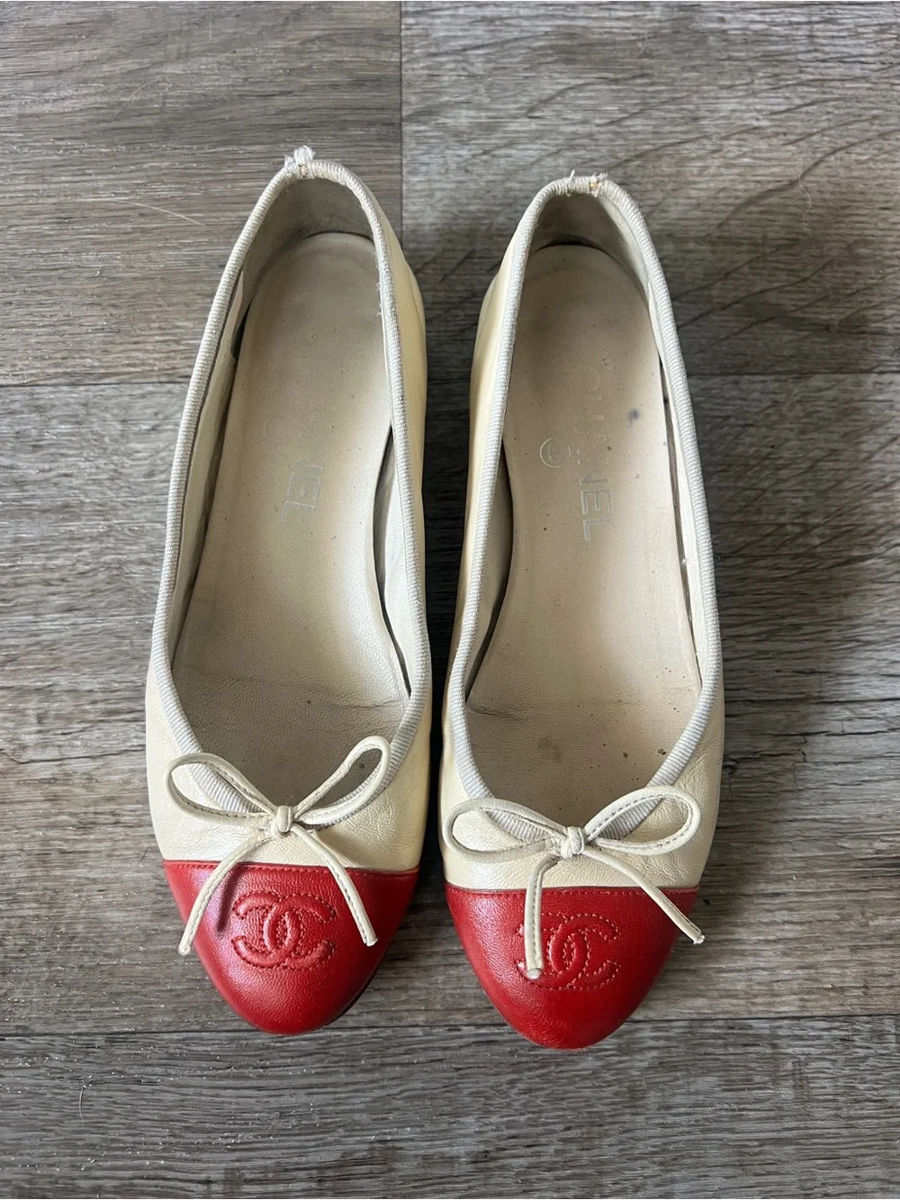 Chanel Red Cap Toe Ballet Flats in Beige